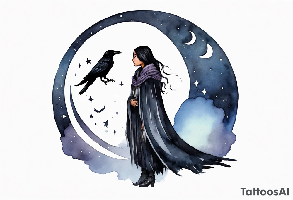 Watercolor of a Dakota woman with a black cloak, standing before the night sky with a crescent moon, a raven on her shoulder tattoo idea