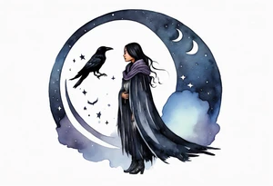Watercolor of a Dakota woman with a black cloak, standing before the night sky with a crescent moon, a raven on her shoulder tattoo idea