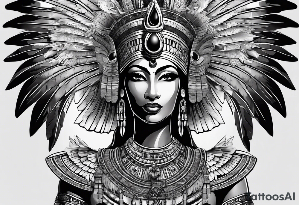 black and white Egyptian goddess Isis, who is often depicted as a woman with outstretched wings, holding an ankh (a symbol of life) in one hand and a lotus flower in the other. Her headdress often includes a throne or a solar disk. The tattoo design can vary in style and size, but it typically aims to capture the essence of this revered Egyptian deity, emphasizing her beauty, power, and maternal qualities. The choice of colors and additional elements can also be customized to create a unique and visually striking representation of the goddess Isis tattoo idea