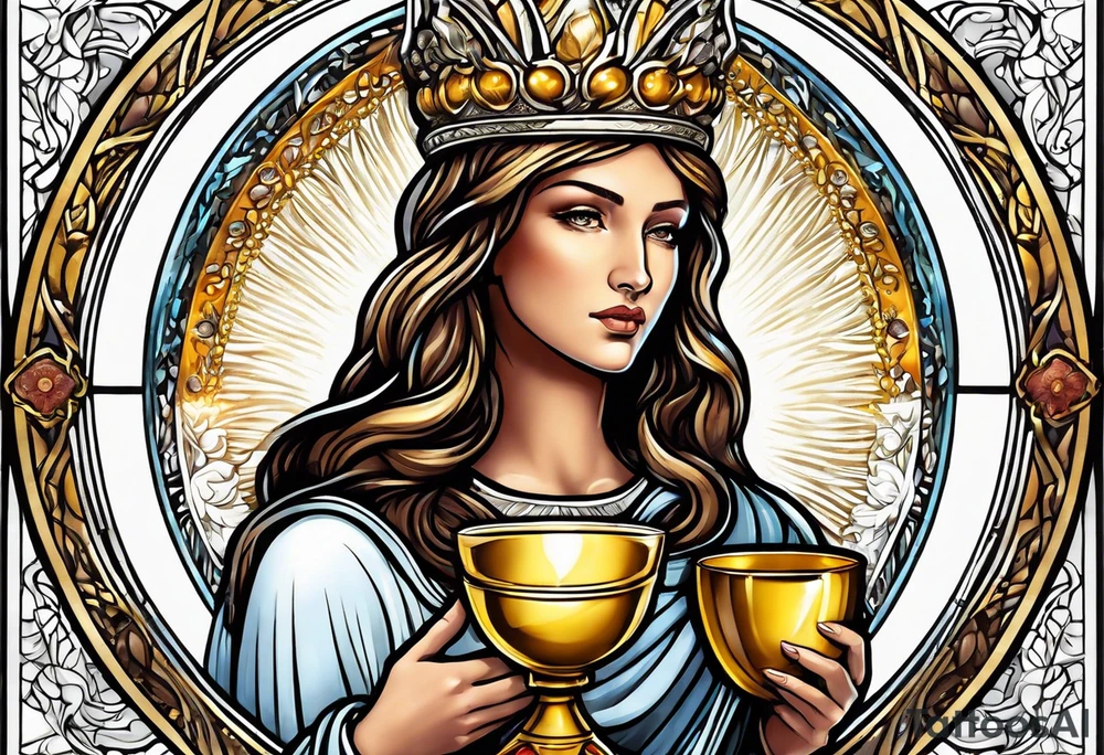 holy saint woman with golden halo holding a chalice tattoo idea