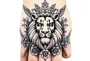 powerful majestic lion with a crown, surrounded by floral ornaments and birds tattoo idea