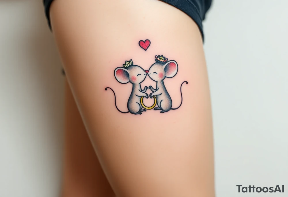 Two kissing mice holding two wedding rings tattoo idea
