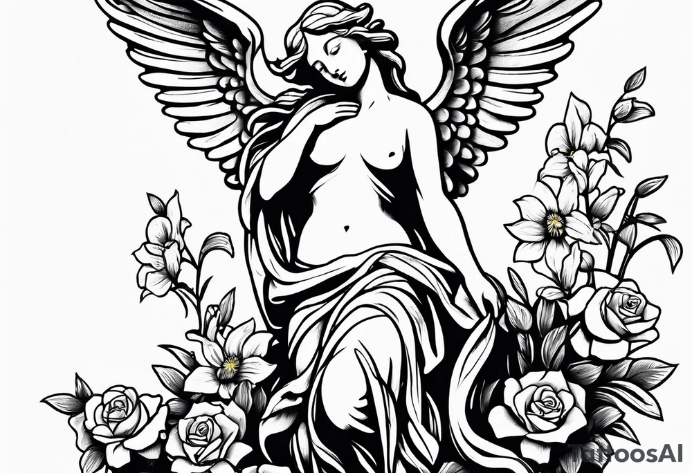 Simple Angel statue stood on a rock with daffodils and roses wrapped around its legs tattoo idea