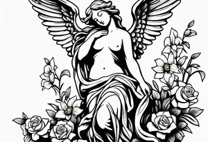 Simple Angel statue stood on a rock with daffodils and roses wrapped around its legs tattoo idea