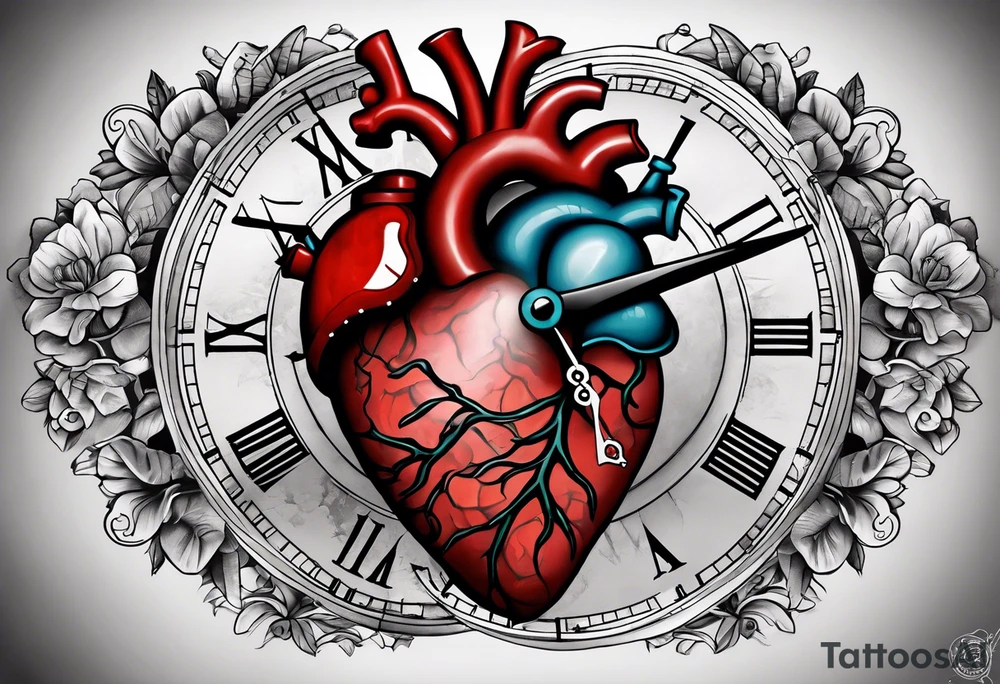 anatomical heart with clock in middle.
Clock hands on 8 and 5.
Never Say Never written on tattoo tattoo idea