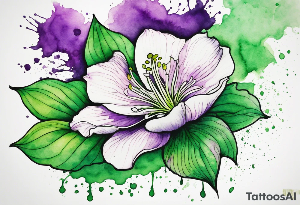 An outline of a green rio dipladenia flower and a green and purple watercolor splash in the background tattoo idea