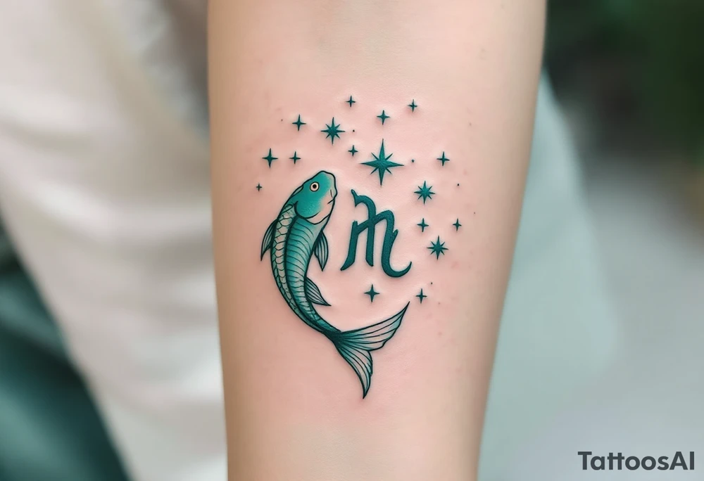 In this tattoo, a gradient of sea-green and teal forms the Pisces stars constellation with the Pisces zodiac glyph in matching hues. tattoo idea
