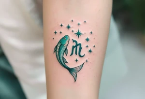 In this tattoo, a gradient of sea-green and teal forms the Pisces stars constellation with the Pisces zodiac glyph in matching hues. tattoo idea