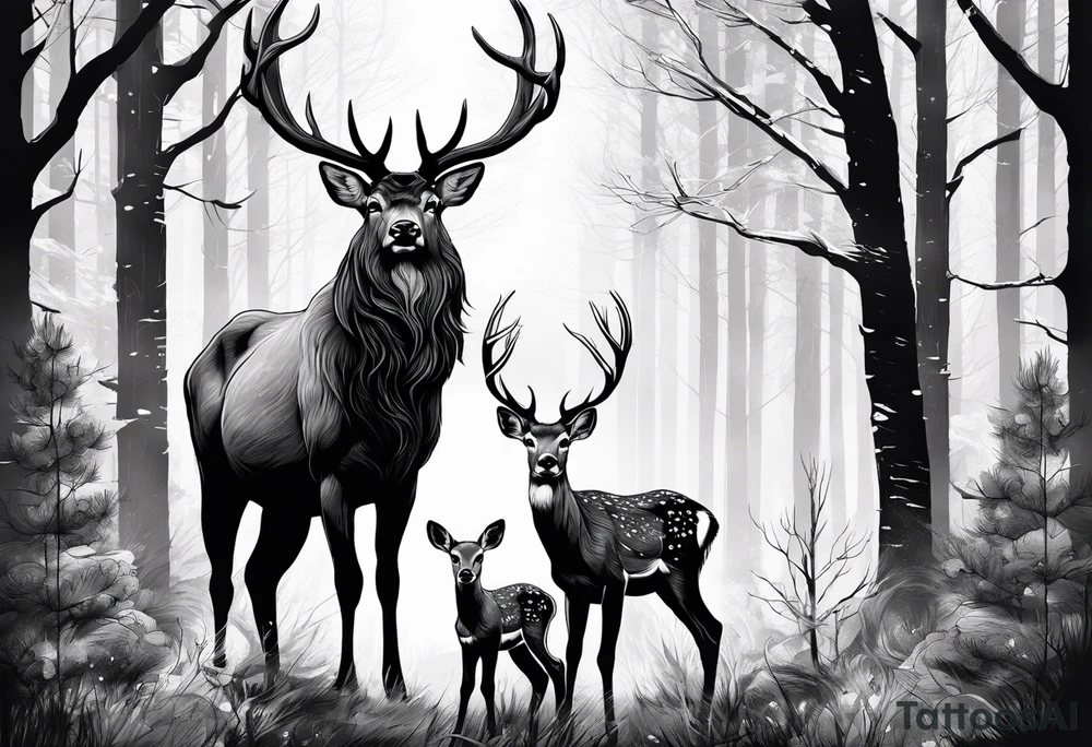 a large majestic male with large antlers, a graceful female and a small fawn. In the background, majestic trees, such as spruce and birch, tattoo idea