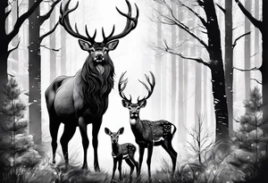 a large majestic male with large antlers, a graceful female and a small fawn. In the background, majestic trees, such as spruce and birch, tattoo idea