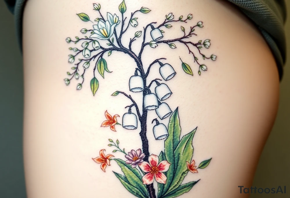 White lily in the valley bells with other different colored lilies surrounding underneath a blooming hawthorn tree tattoo idea