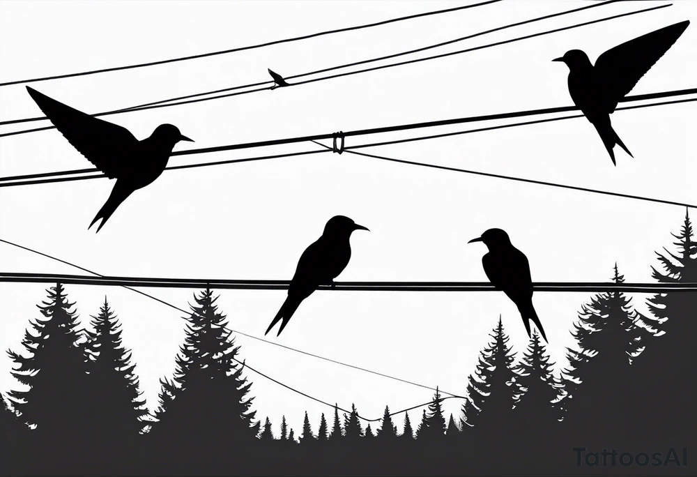 Three Arctic tern Silhouettes on a Power Line. Two are sittint, one is about to fly tattoo idea