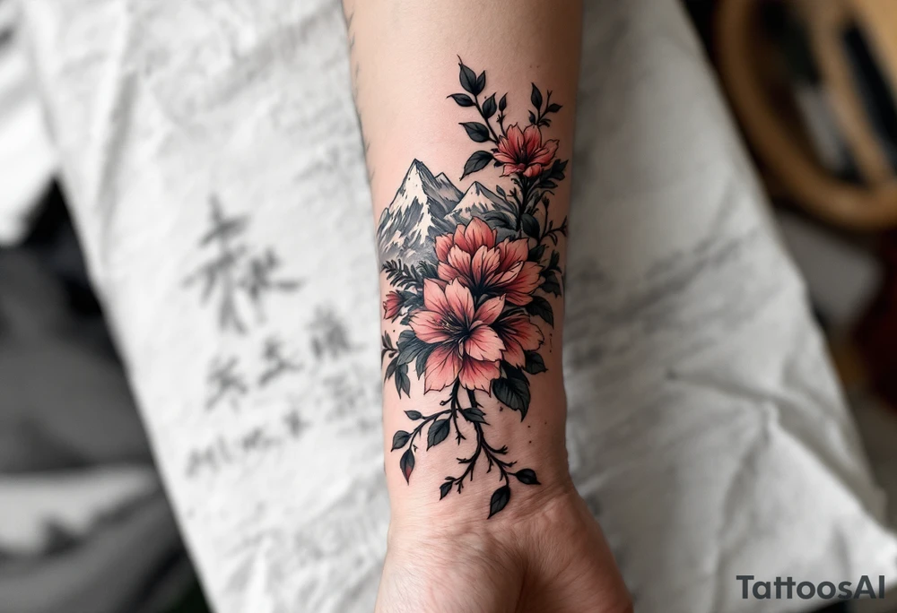 wrap around entire wrist red  and black rhododendron trippy with Himalayas behind tattoo idea