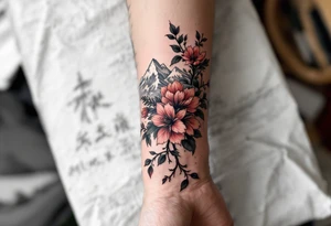 wrap around entire wrist red  and black rhododendron trippy with Himalayas behind tattoo idea