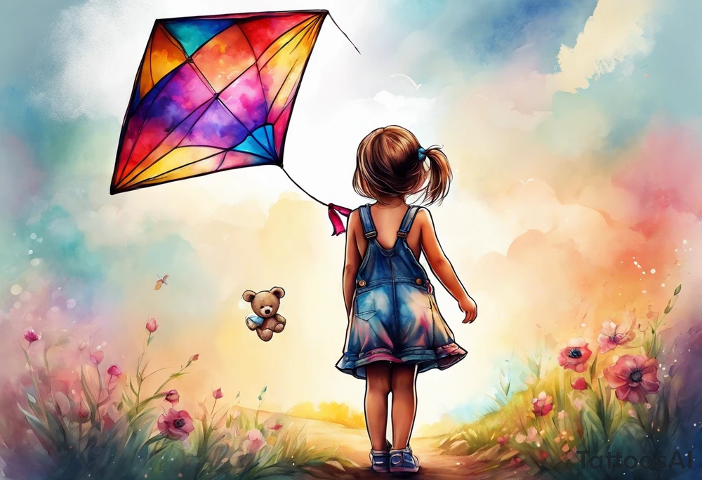 back image of a little girl in a dress, holding a kite , a teddy bear in overalls, standing beside her tattoo idea