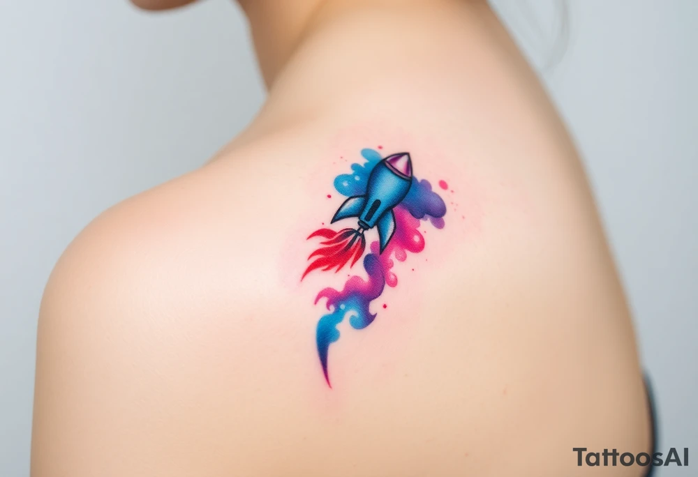 A tiny rocket launching from the one person towards the other person galaxy tattoo, in vibrant blues, reds, and purples, symbolizing a journey of growth tattoo idea