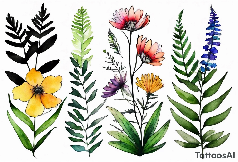 vertical mixed wildflower with ferns and with watercolor tattoo idea