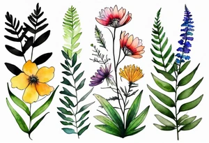 vertical mixed wildflower with ferns and with watercolor tattoo idea
