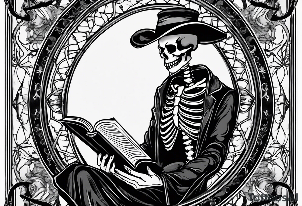 Gothic tarot card with a skeleton reading a book with a name plate “the reader” tattoo idea