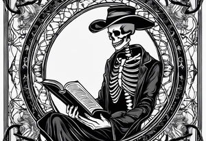 Gothic tarot card with a skeleton reading a book with a name plate “the reader” tattoo idea