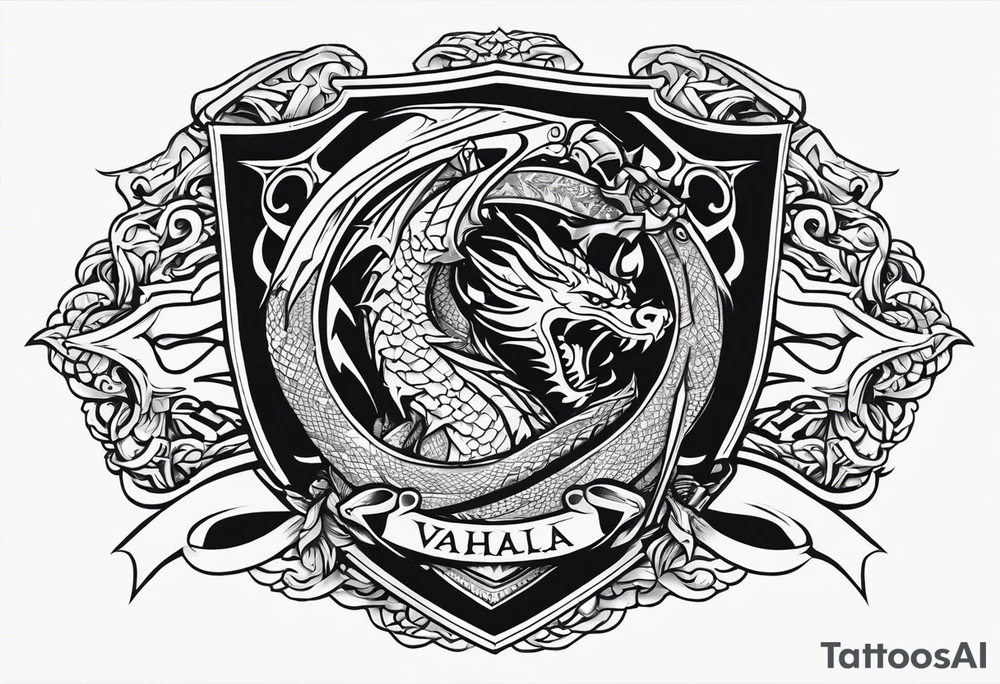 Valhalla sword shield dragon axe tattoo idea