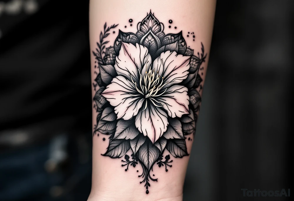 rhododendron trippy with mandala behind tattoo idea