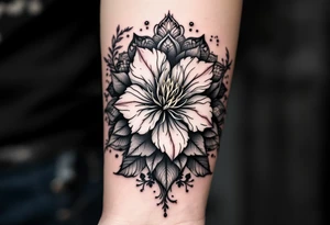 rhododendron trippy with mandala behind tattoo idea