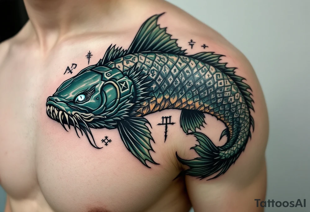 Ancient River Guardian – A massive, mythical catfish with dark jade-green scales, weathered stone-like skin, and glowing white eyes, surrounded by ancient river symbols and rune-like markings. tattoo idea