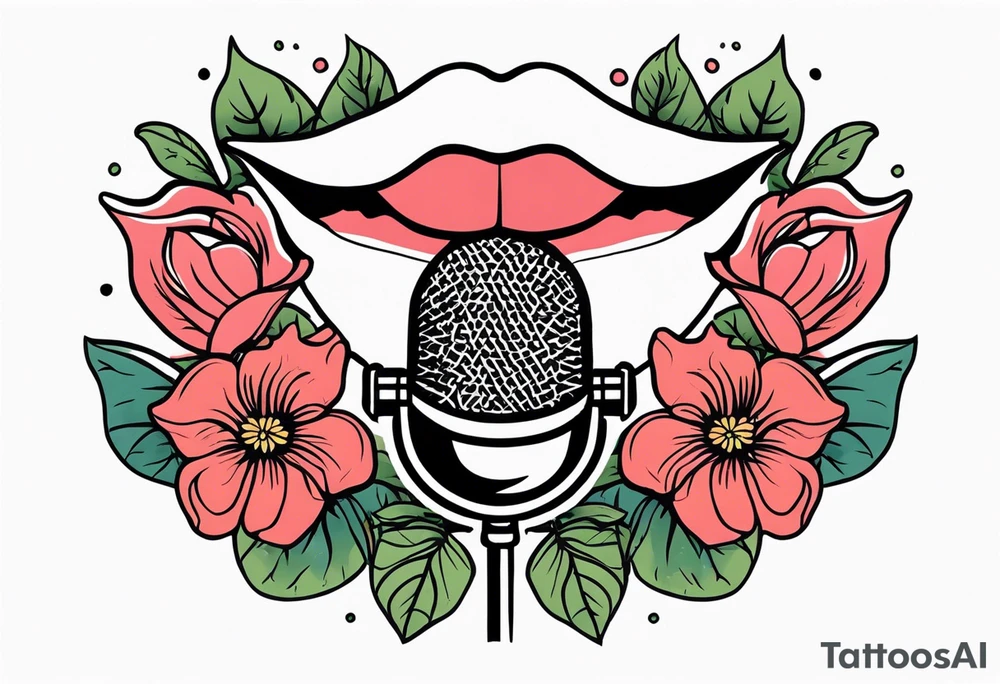 old school traditional vintage style design of lips singing into microphone with vintage flowers surrounding it tattoo idea