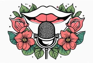 old school traditional vintage style design of lips singing into microphone with vintage flowers surrounding it tattoo idea