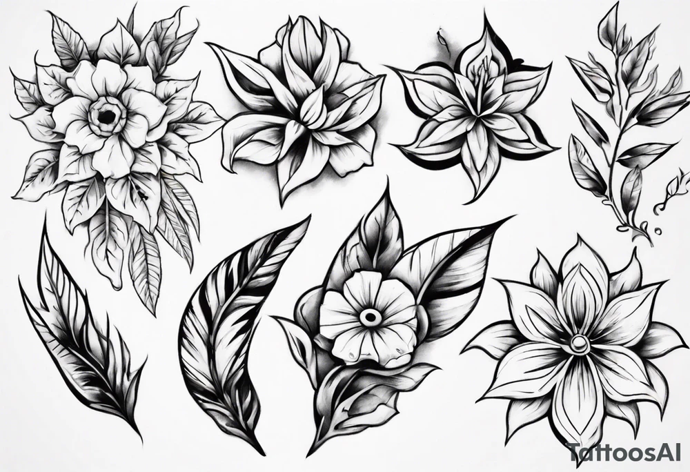 indigenous flower designs along with leaves and big flowers tattoo idea