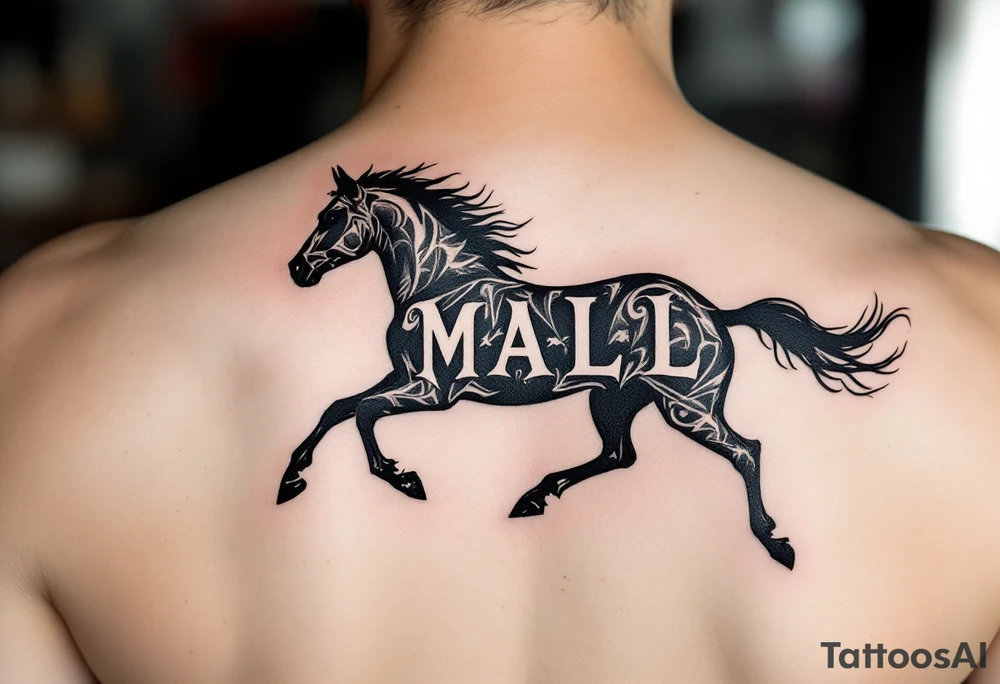 horse silhouette 
from the front which gallops towards us, with the 3 small letters discreetly integrated: M, A, L tattoo idea