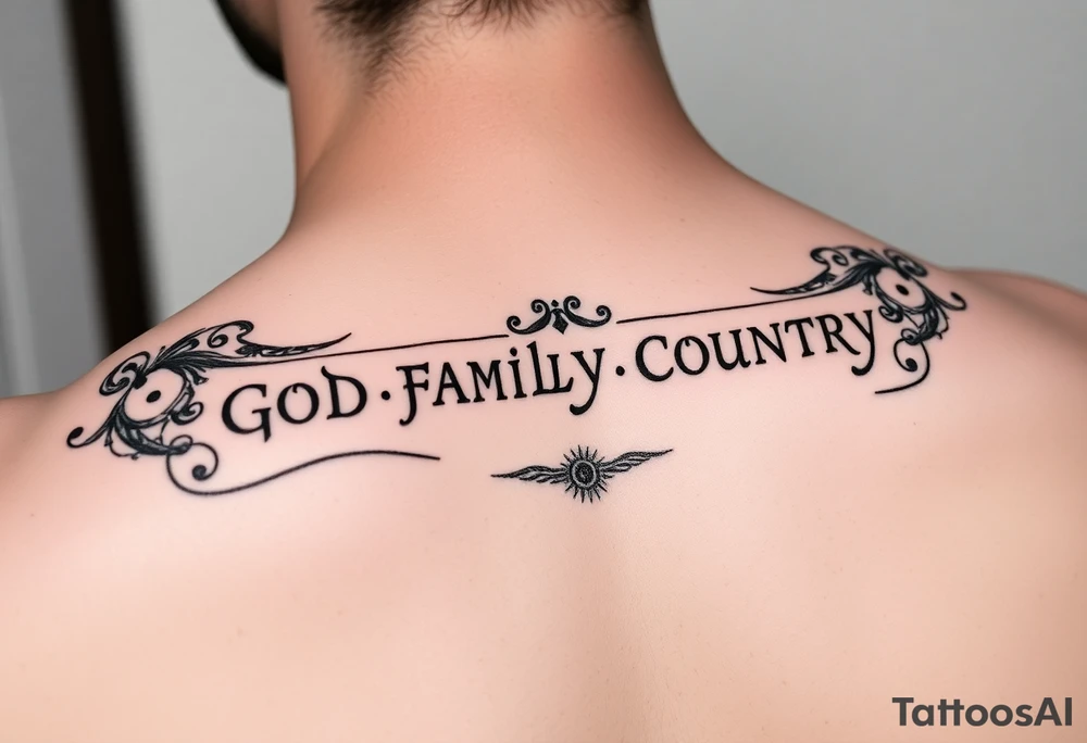 God family country written in Greek tattoo idea