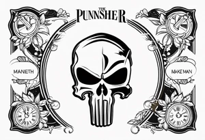 The Punisher skull with Manners Maketh Man text tattoo idea