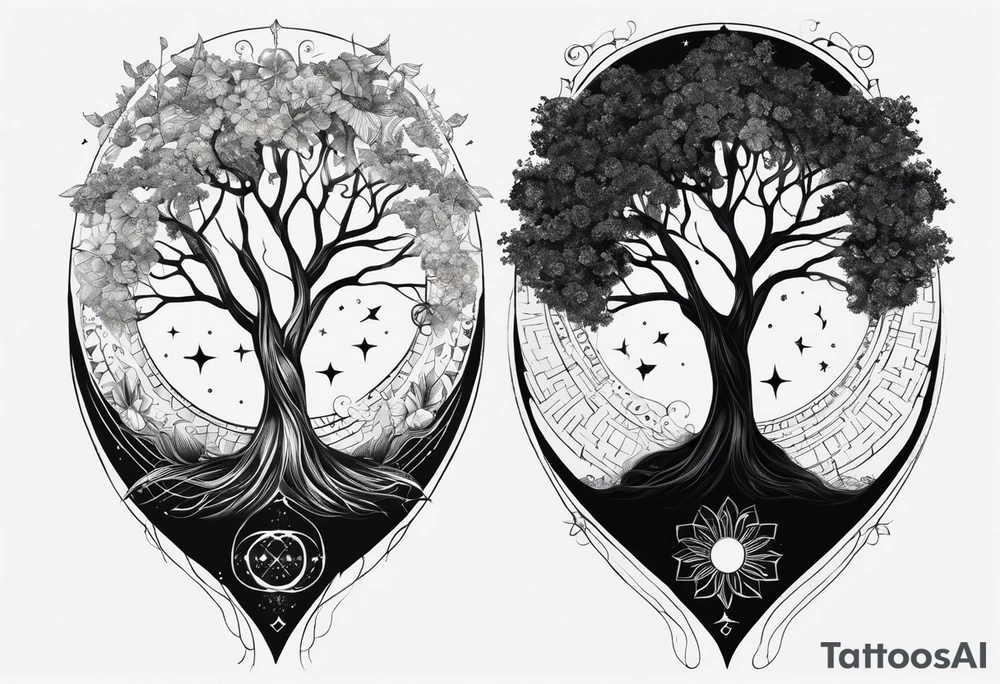 spiritual feminine tattoo for sleeve without faces, just sun and moon, tree of life and powerful symbols 24 feet tall by 4 inches wide tattoo idea