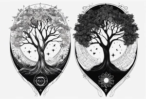 spiritual feminine tattoo for sleeve without faces, just sun and moon, tree of life and powerful symbols 24 feet tall by 4 inches wide tattoo idea