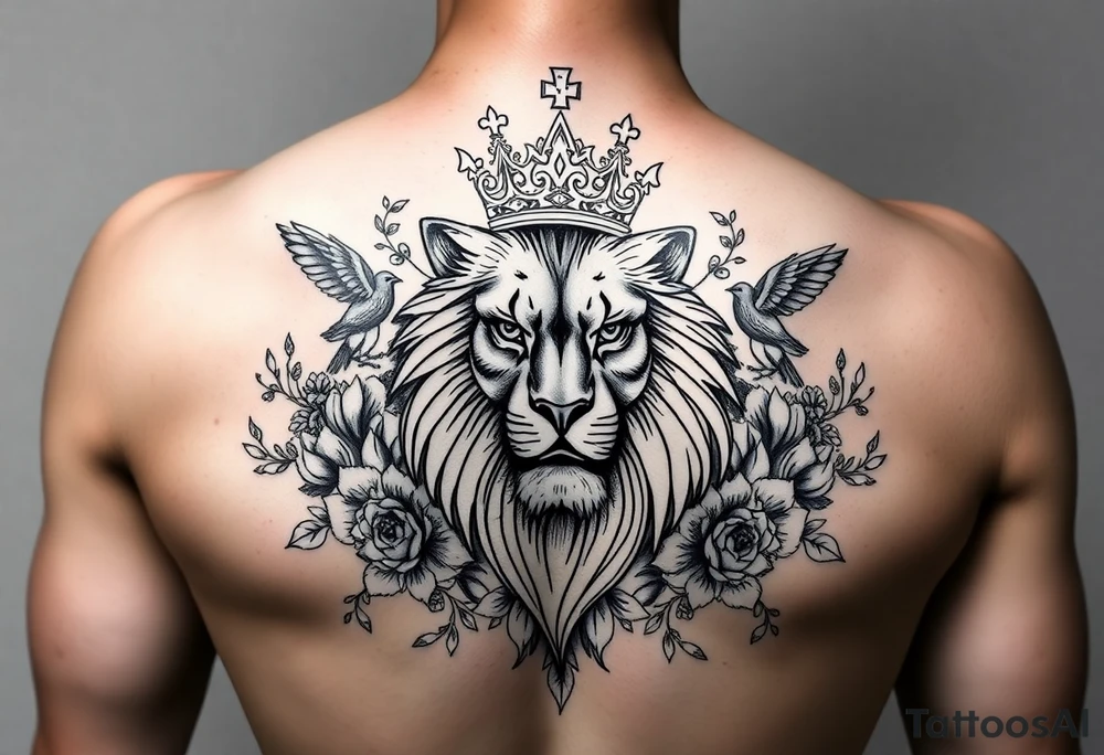 powerful majestic lion with a crown, surrounded by floral ornaments and birds tattoo idea
