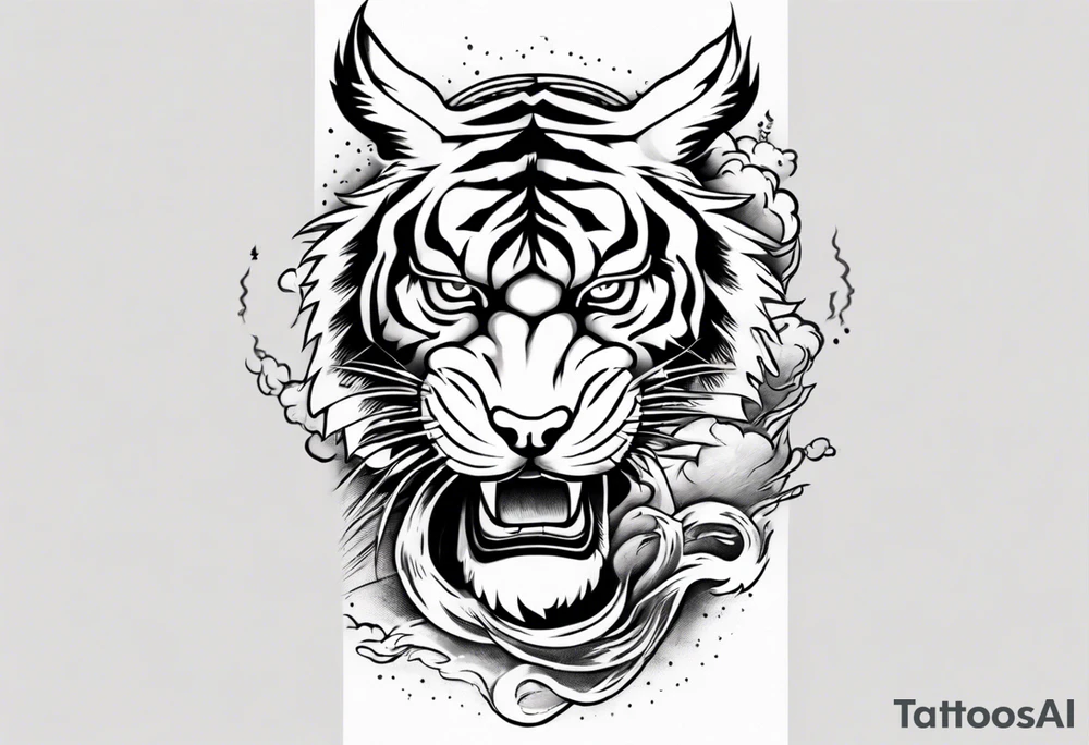 Tiger design with lightning and the sun for a forearm sleeve tattoo idea