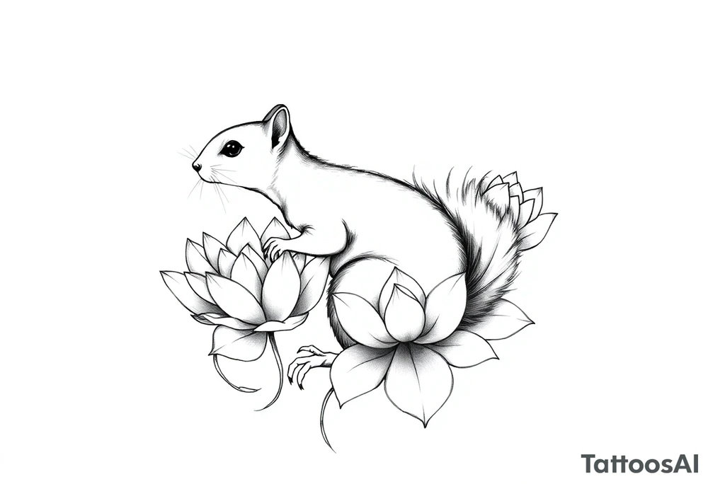 Fierce rabbid squirrel blooming lotus flowers tattoo idea