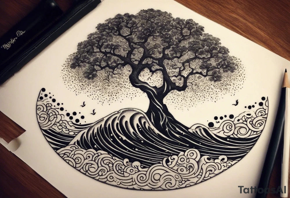 an abstract Tree of Life tattoo. It should have roots growing out of the bottom. The roots slowly turn into water from the Great Wave by Hokusai. A golf flag should be placed discreetly growing out of the ground. 2 license plate tags should be hanging from the tree. Place a few music notes in the areas the leaves should be. The letters A U should be engraved into the tree trunk in a heart. tattoo idea