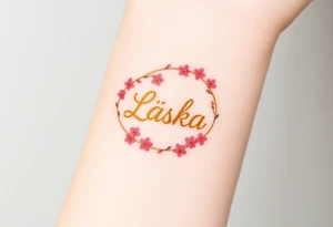 A golden infinity loop with tiny cherry blossoms surrounding the word "Láska", representing beauty, romance, and fleeting yet eternal love tattoo idea