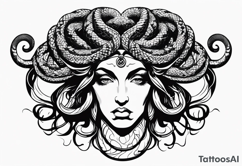 Suspicious and 
Scary Greek god medusa with snake hairs tattoo idea