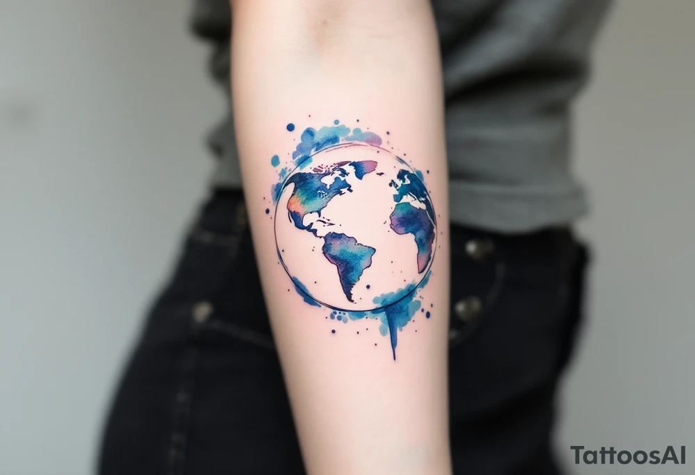 A vibrant watercolor Earth tattoo in shades of blue and green splashes across the forearm like a painter’s globe. tattoo idea