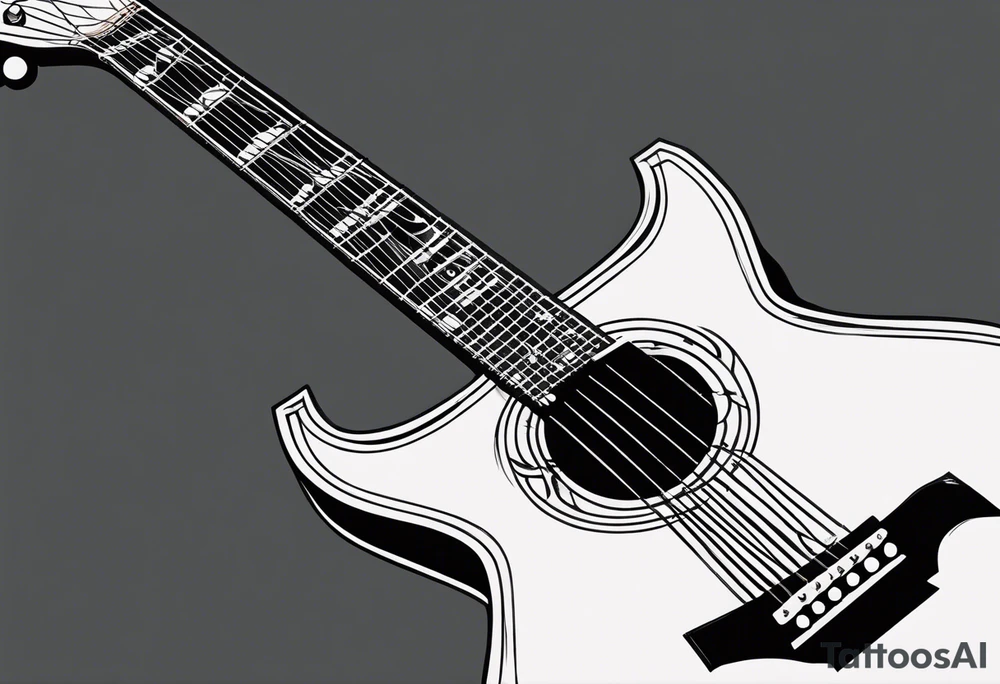 A minimalist guitar design, small in size, with clean lines and vintage detailing. The guitar represents a deep connection to music, with a classic, understated design that captures its essence without embellishments. tattoo idea