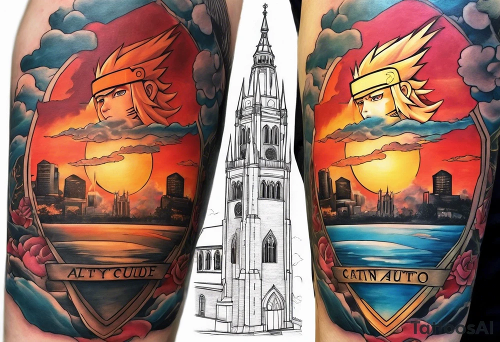 I want a sleeve with Naruto red clouds throughout the design , Naruto / sauske, Atl skyline ,
Jamaica coat of arms or flag , football and captain C , Duke chapel tattoo idea