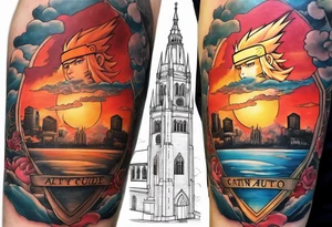 I want a sleeve with Naruto red clouds throughout the design , Naruto / sauske, Atl skyline ,
Jamaica coat of arms or flag , football and captain C , Duke chapel tattoo idea