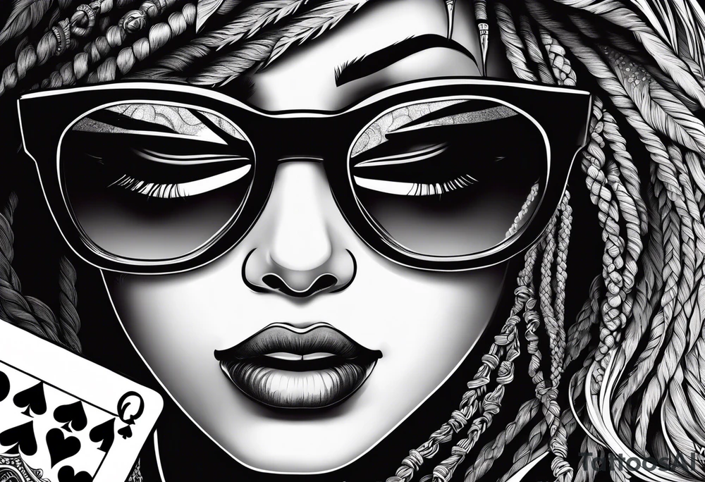 woamn with dread locks and un glasses playing cards and dice tattoo idea