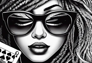 woamn with dread locks and un glasses playing cards and dice tattoo idea