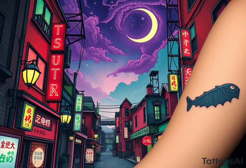 Tim Burton’s haunted pastel Tokyo apartment from the street view is littered in neon signs and dripping with muted reds, dusty pinks, and eerie green glow.purple and cyan smokey clouds swirl in the crescent moonlit sky thats sprinkled with stars tattoo idea tattoo idea
