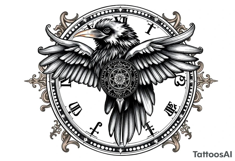 zodiac symbols runes within ornate clockwork mechanism raven tattoo idea